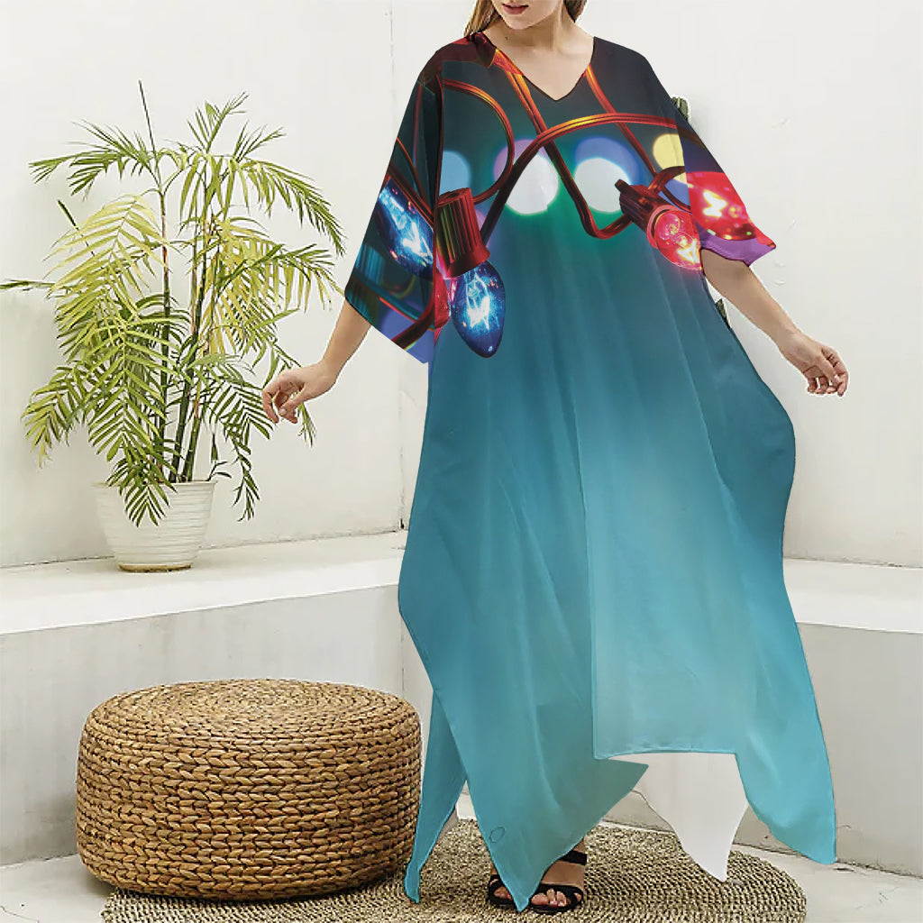 LED Christmas String Lights Print Silk V-Neck Kaftan Dress