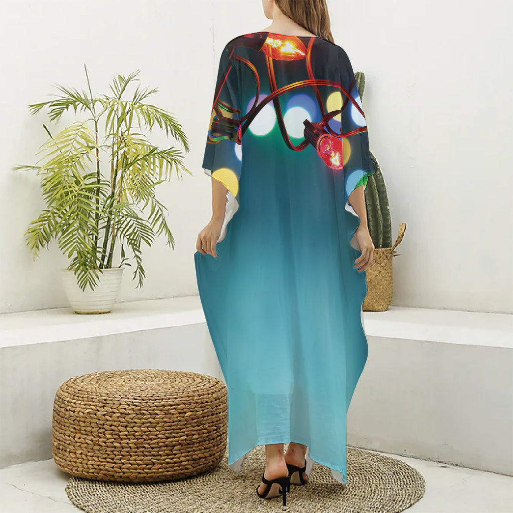 LED Christmas String Lights Print Silk V-Neck Kaftan Dress
