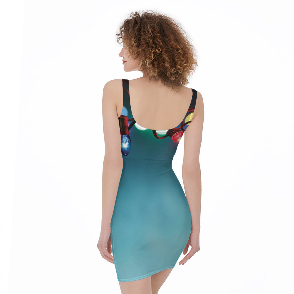 LED Christmas String Lights Print Sleeveless Bodycon Dress
