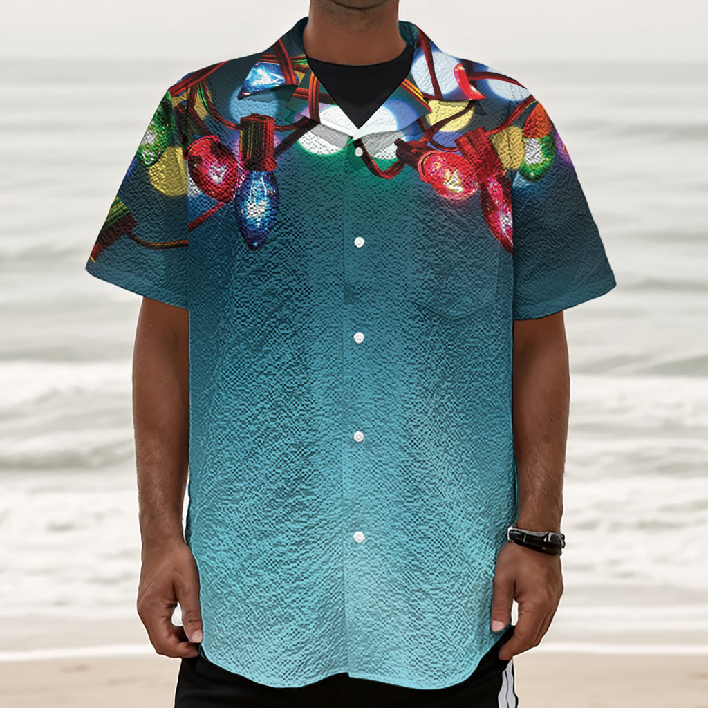 LED Christmas String Lights Print Textured Short Sleeve Shirt