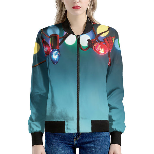 LED Christmas String Lights Print Women's Bomber Jacket