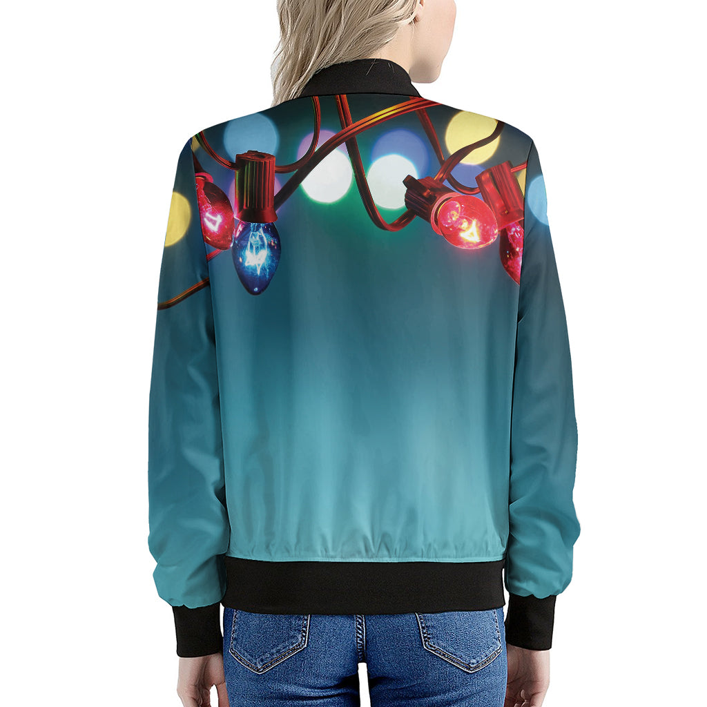 LED Christmas String Lights Print Women's Bomber Jacket
