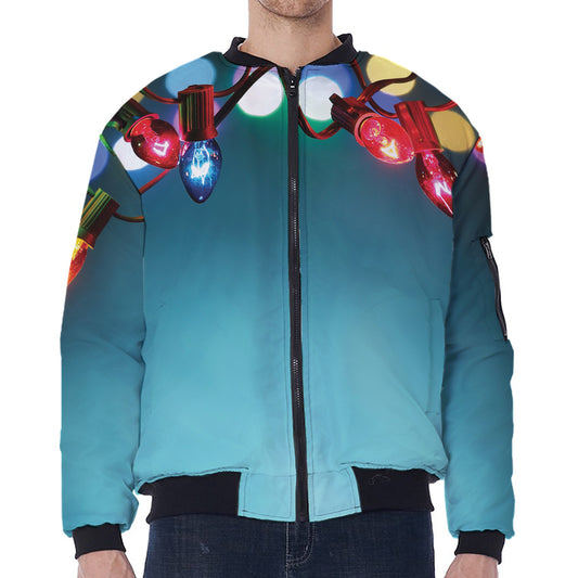 LED Christmas String Lights Print Zip Sleeve Bomber Jacket