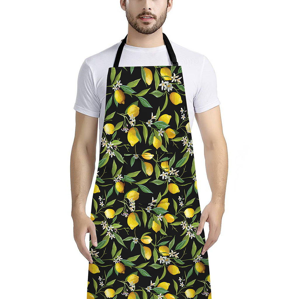 Lemon And Flower Pattern Print Bib Apron With Pocket