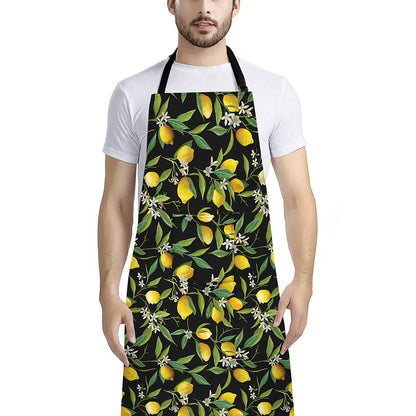 Lemon And Flower Pattern Print Bib Apron With Pocket