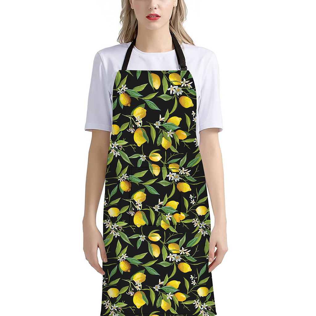 Lemon And Flower Pattern Print Bib Apron With Pocket