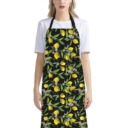 Lemon And Flower Pattern Print Bib Apron With Pocket