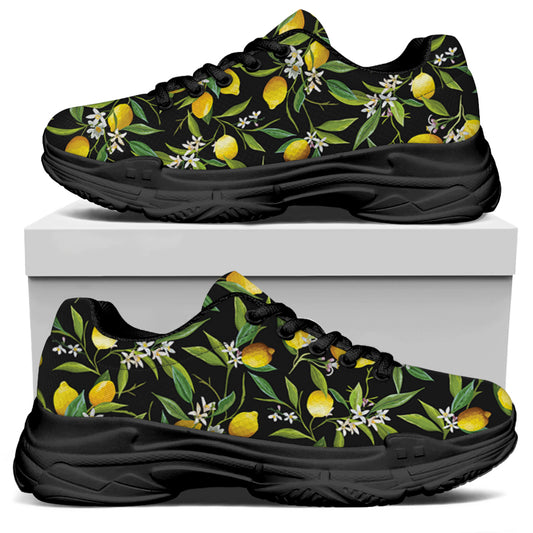 Lemon And Flower Pattern Print Black Chunky Shoes