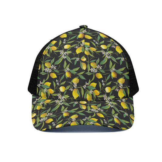 Lemon And Flower Pattern Print Black Mesh Trucker Cap