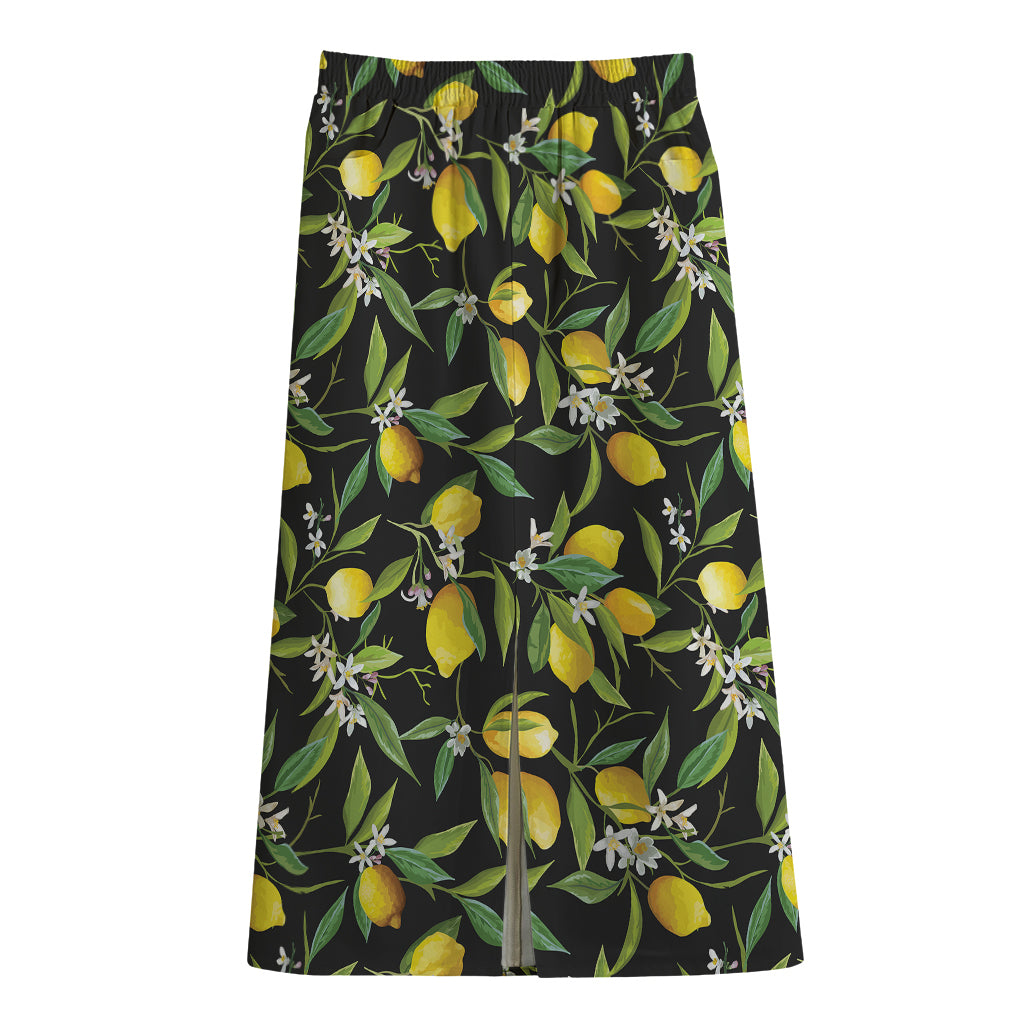 Lemon And Flower Pattern Print Cotton Front Slit Maxi Skirt