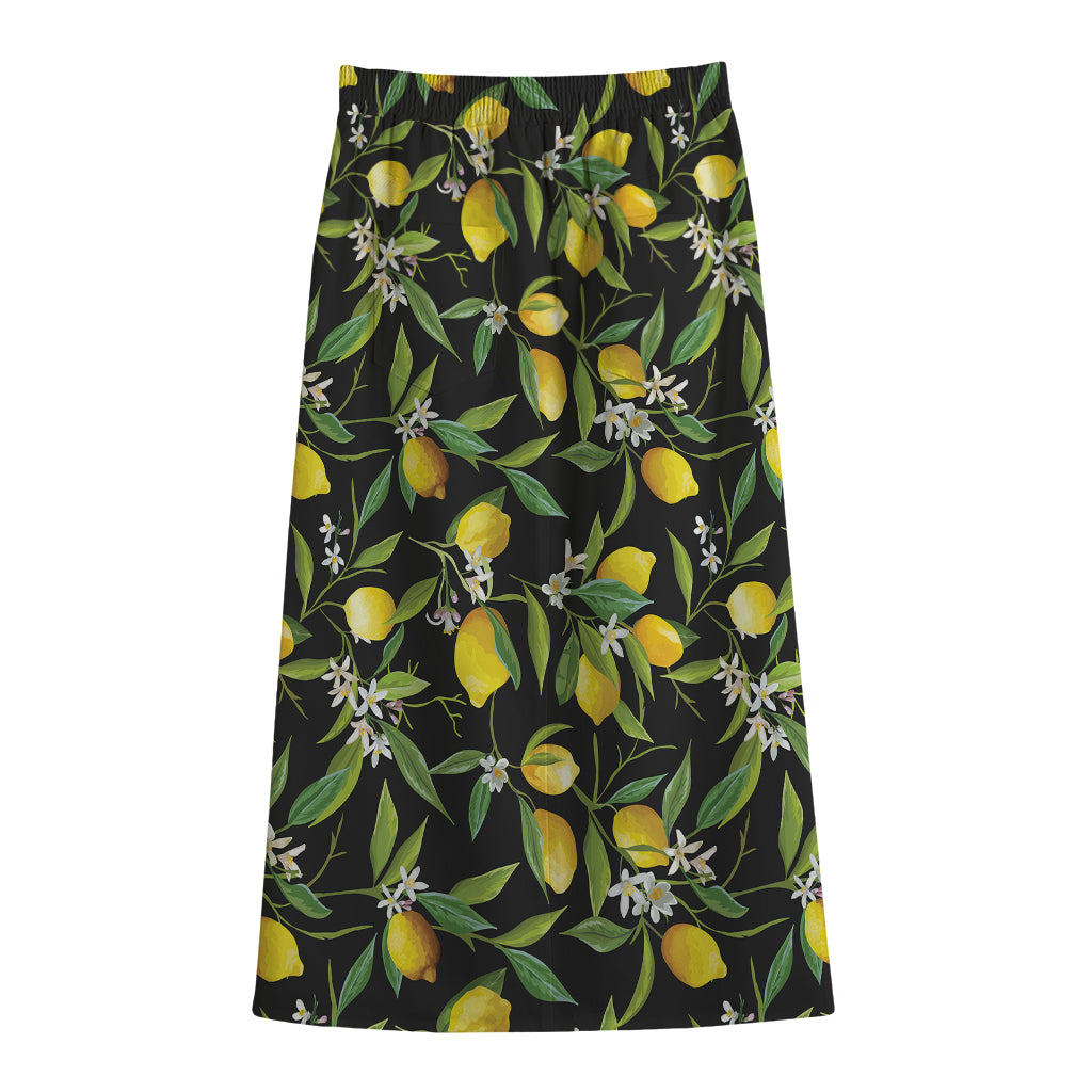 Lemon And Flower Pattern Print Cotton Front Slit Maxi Skirt