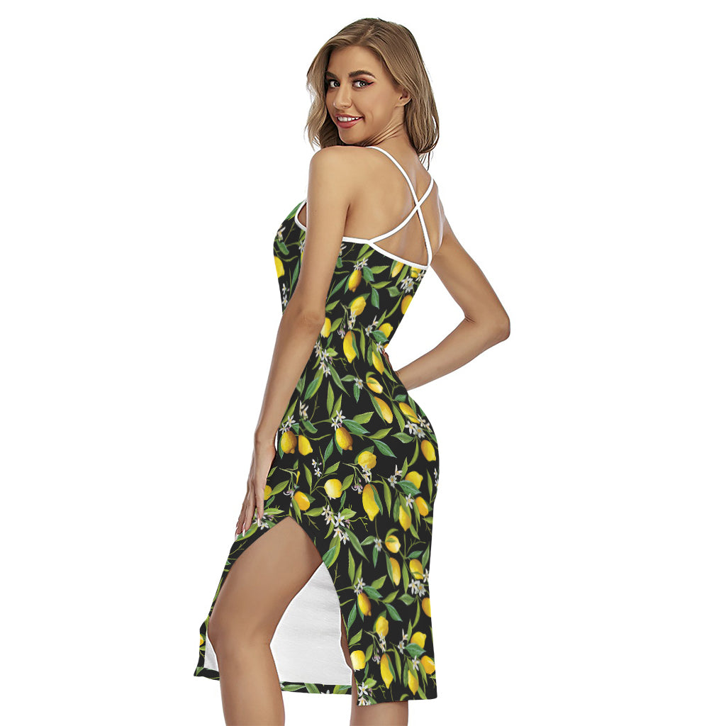 Lemon And Flower Pattern Print Cross Back Cami Dress