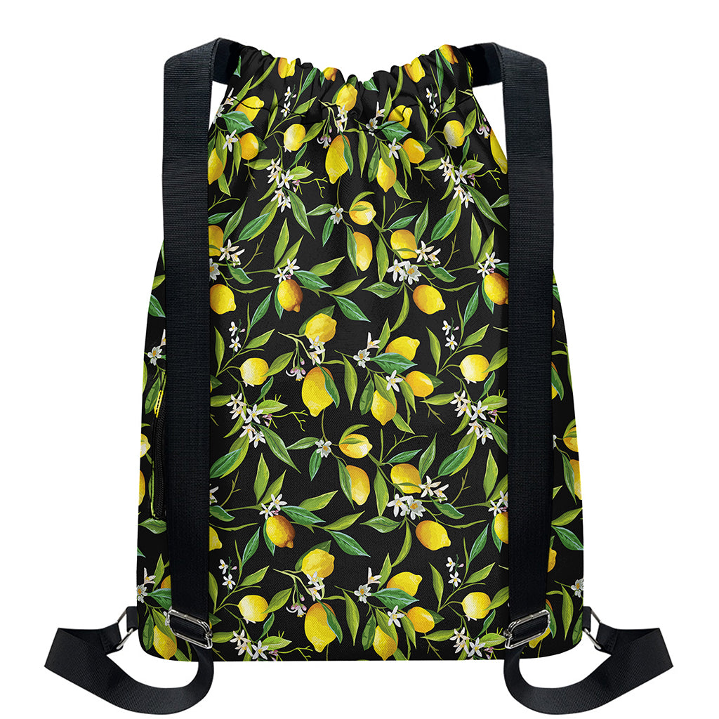 Lemon And Flower Pattern Print Drawstring Backpack