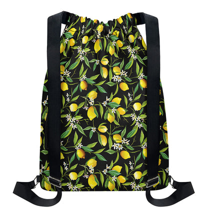 Lemon And Flower Pattern Print Drawstring Backpack