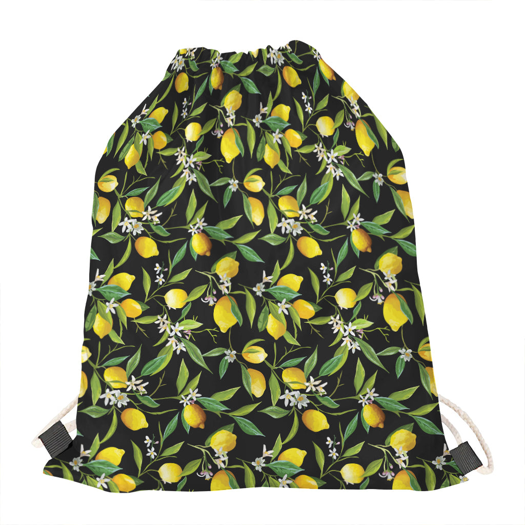 Lemon And Flower Pattern Print Drawstring Bag