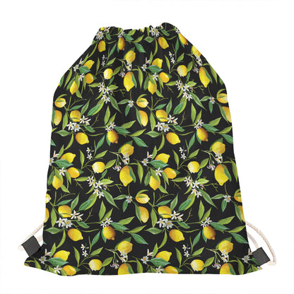 Lemon And Flower Pattern Print Drawstring Bag