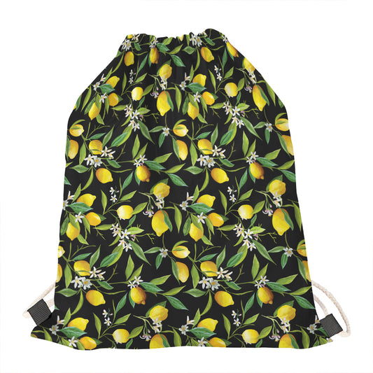 Lemon And Flower Pattern Print Drawstring Bag