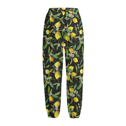 Lemon And Flower Pattern Print Fleece Lined Knit Pants