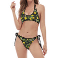 Lemon And Flower Pattern Print Halter Scoop Tie Side Bikini
