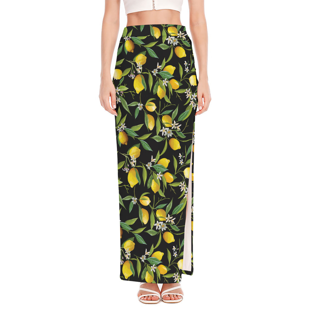 Lemon And Flower Pattern Print High Slit Maxi Skirt