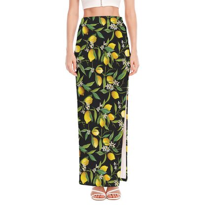 Lemon And Flower Pattern Print High Slit Maxi Skirt