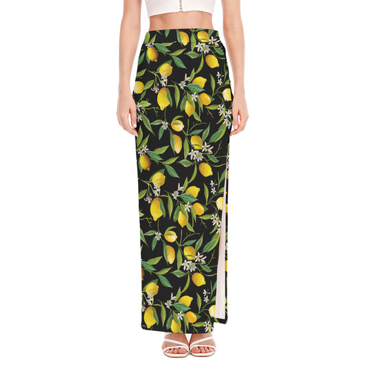 Lemon And Flower Pattern Print High Slit Maxi Skirt