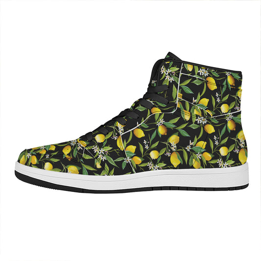 Lemon And Flower Pattern Print High Top Leather Sneakers