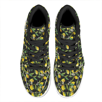 Lemon And Flower Pattern Print High Top Leather Sneakers