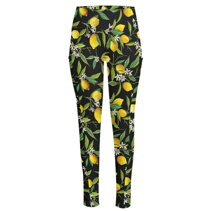 Lemon And Flower Pattern Print High-Waisted Pocket Leggings