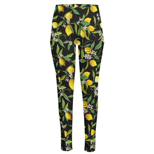 Lemon And Flower Pattern Print High-Waisted Pocket Leggings