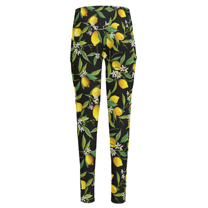 Lemon And Flower Pattern Print High-Waisted Pocket Leggings