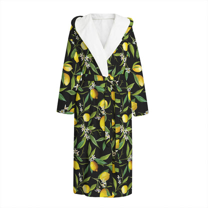 Lemon And Flower Pattern Print Hooded Bathrobe