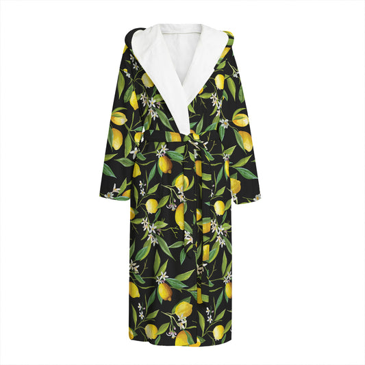 Lemon And Flower Pattern Print Hooded Bathrobe