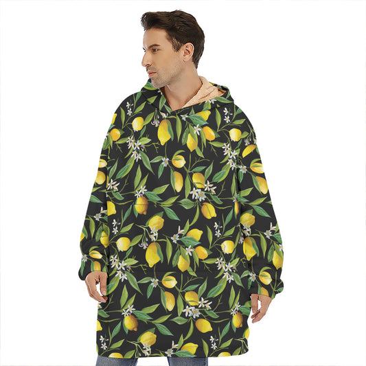 Lemon And Flower Pattern Print Hoodie Blanket