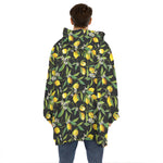 Lemon And Flower Pattern Print Hoodie Blanket