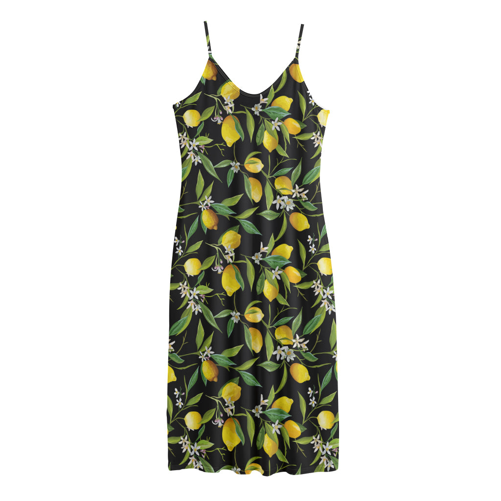 Lemon And Flower Pattern Print Jersey Midi Cami Dress