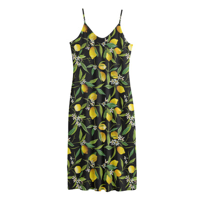 Lemon And Flower Pattern Print Jersey Midi Cami Dress