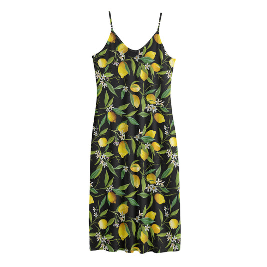 Lemon And Flower Pattern Print Jersey Midi Cami Dress