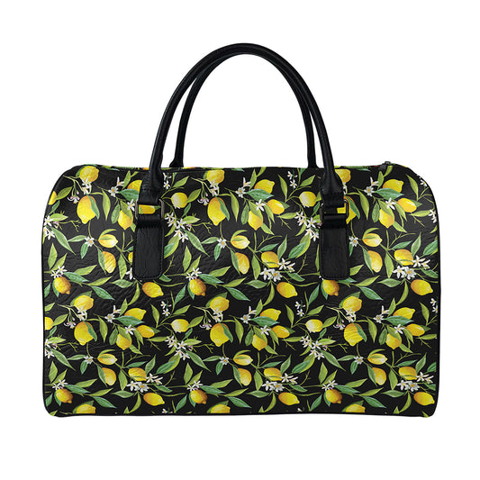 Lemon And Flower Pattern Print Leather Duffle Bag
