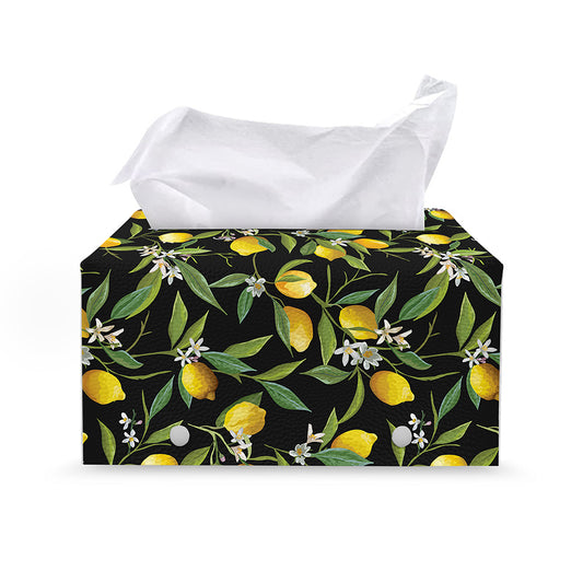 Lemon And Flower Pattern Print Leather Tissue Box Cover