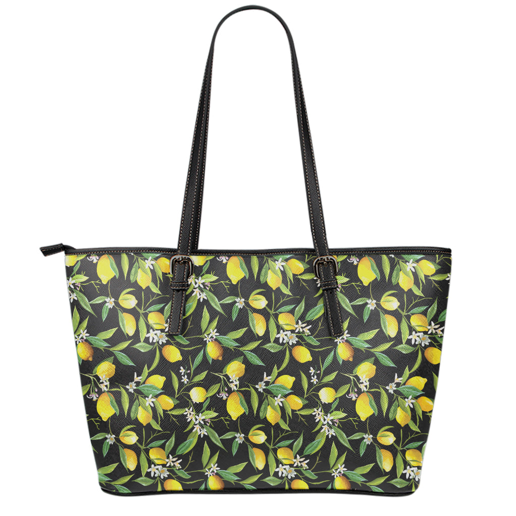 Lemon And Flower Pattern Print Leather Tote Bag