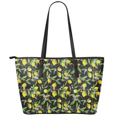 Lemon And Flower Pattern Print Leather Tote Bag