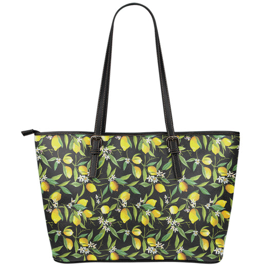 Lemon And Flower Pattern Print Leather Tote Bag
