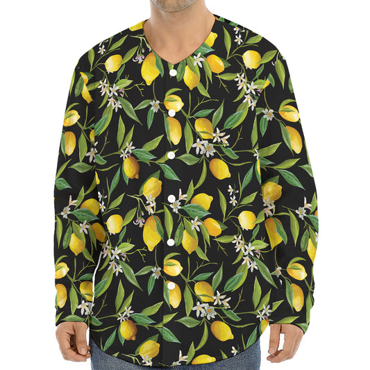 Lemon And Flower Pattern Print Long Sleeve Baseball Jersey