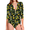 Lemon And Flower Pattern Print Long Sleeve Swimsuit