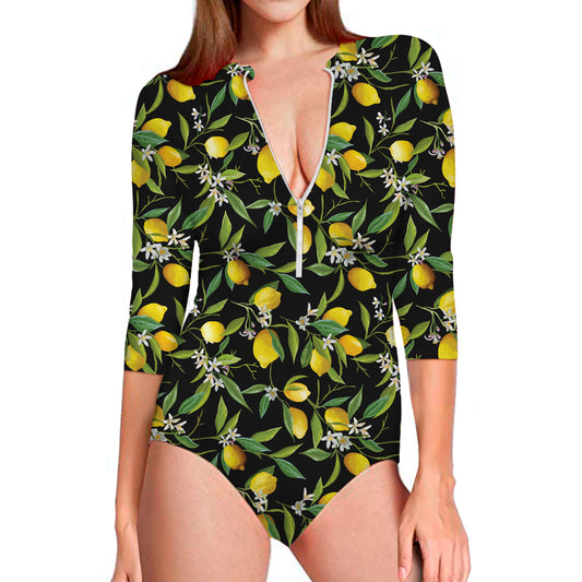 Lemon And Flower Pattern Print Long Sleeve Swimsuit