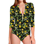 Lemon And Flower Pattern Print Long Sleeve Swimsuit