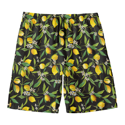 Lemon And Flower Pattern Print Men's Swim Trunks