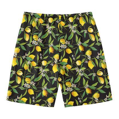 Lemon And Flower Pattern Print Men's Swim Trunks