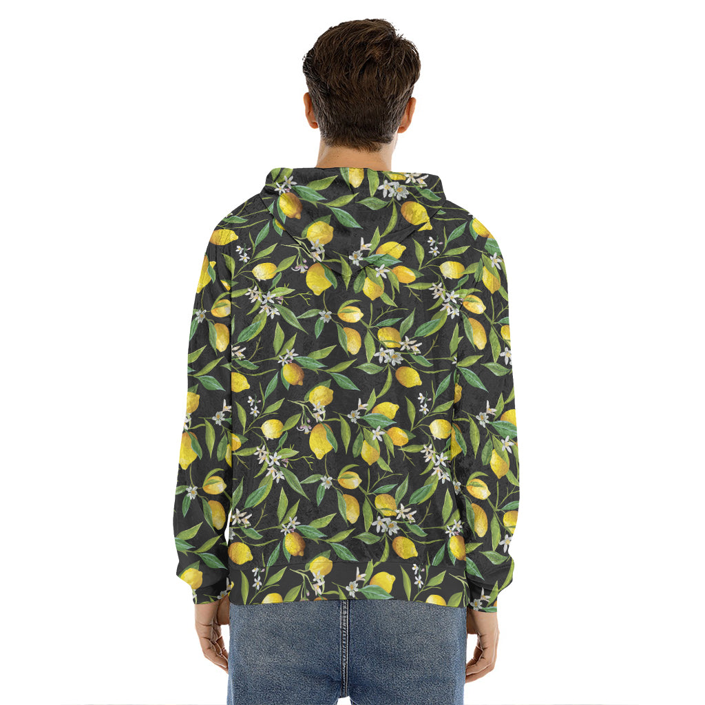 Lemon And Flower Pattern Print Men's Velvet Pullover Hoodie